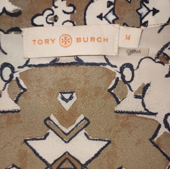Tory Burch Tan, Black And White Patterned Silk Blouse SZ14 - Picture 3 of 6